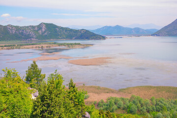 Fototapeta premium Beautiful wetland landscape. Montenegro, Skadar Lake National Park. View of lake Skadar on spring day