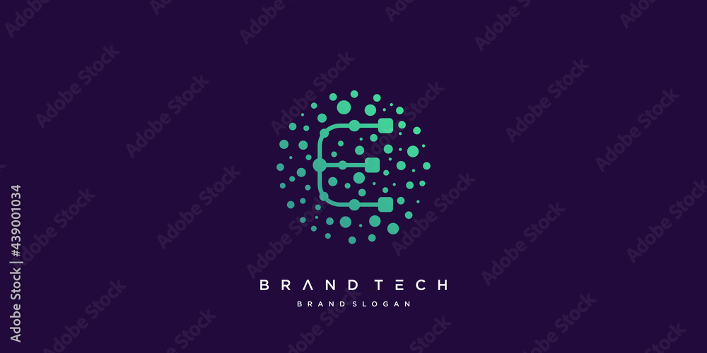 Poster tech logo e with creative molecule style vector part 3