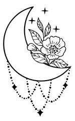 Magic moon with stars, chains and flowers on white background.