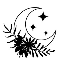 Magic moon with stars and flowers on white background.