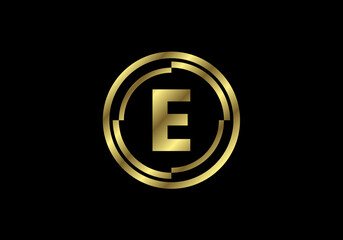 Golden letters E with golden circle frames. English alphabet, vector illustration