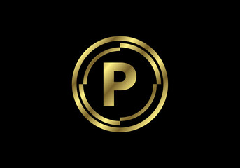 Golden letters P with golden circle frames. English alphabet, vector illustration