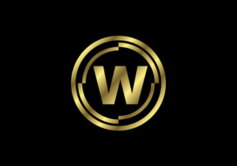 Golden letters W with golden circle frames. English alphabet, vector illustration