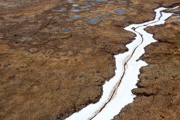 Spring Landscape of the forest-tundra, river bank, bird's eye view, Arctic Circle, tundra. Beautiful landscape of tundra from a helicopter.