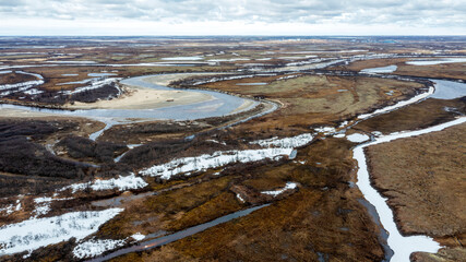 Spring Landscape of the forest-tundra, river bank, bird's eye view, Arctic Circle, tundra....