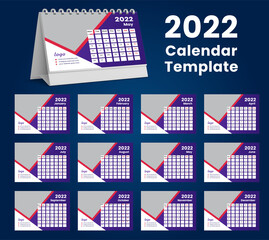 Desk Calendar 2022 Template, Week starts Sunday, Stationery design, flyer design vector, printing media creative idea design, Set of 12 Months 