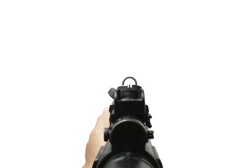 MP5 assault rifle weapon gun in first person shooting view isolated on white background