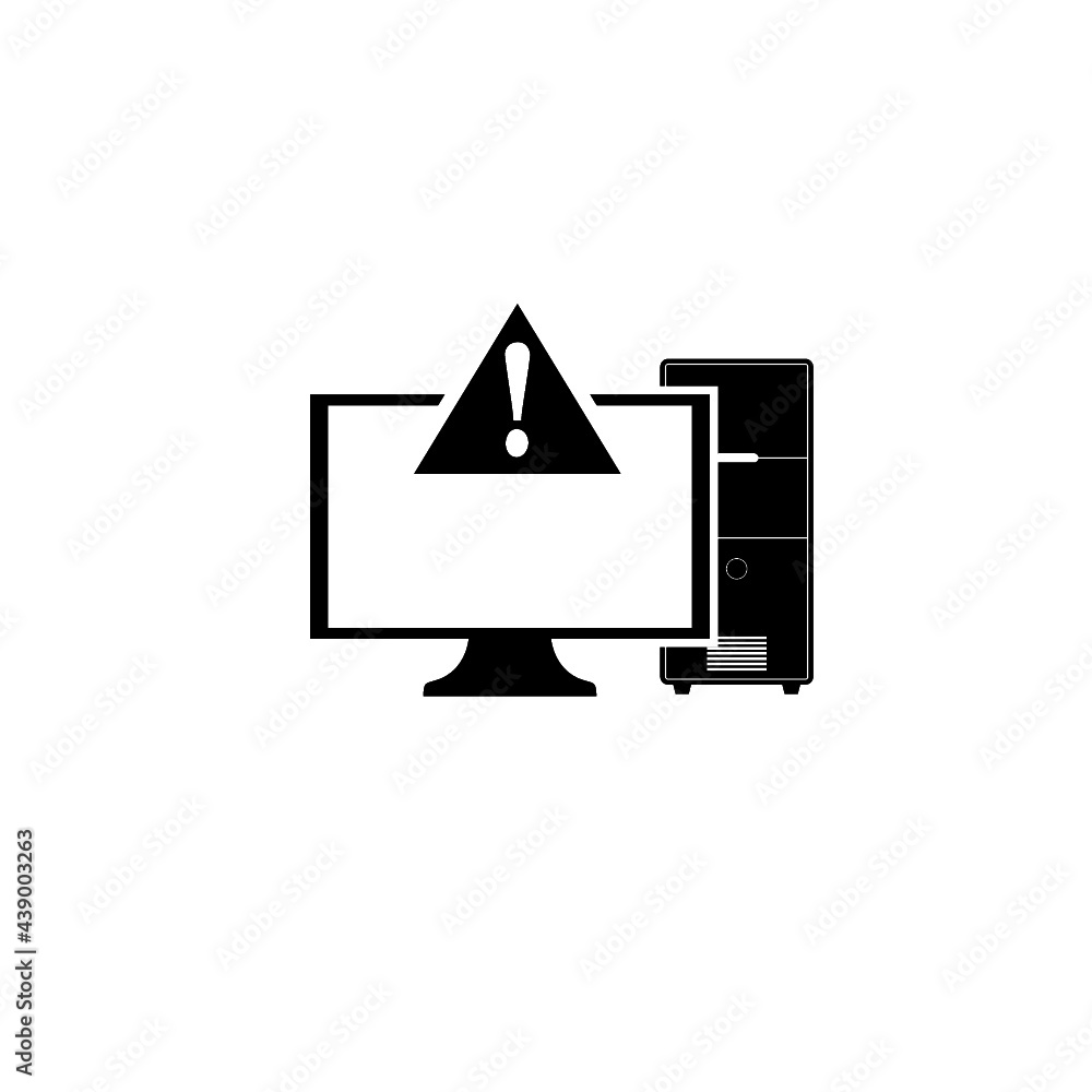 Poster computer alert. pc monitor and exclamation mark icon isolated on white background