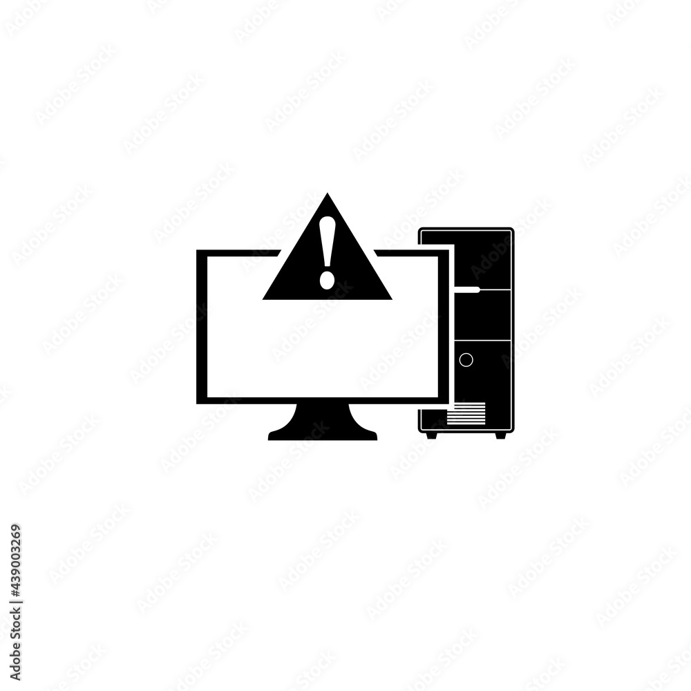 Poster computer alert. pc monitor and exclamation mark icon isolated on white background