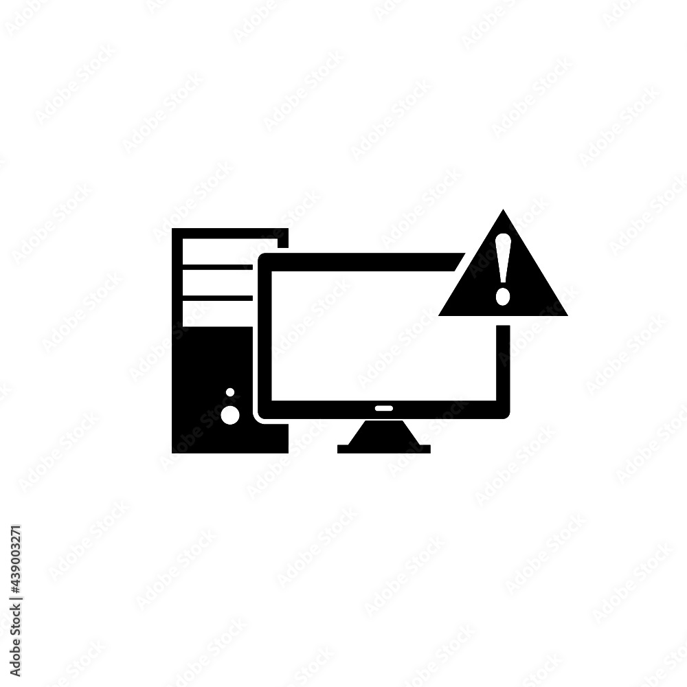 Poster computer alert. pc monitor and exclamation mark icon isolated on white background