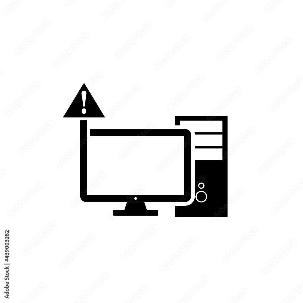 Poster computer alert. pc monitor and exclamation mark icon isolated on white background