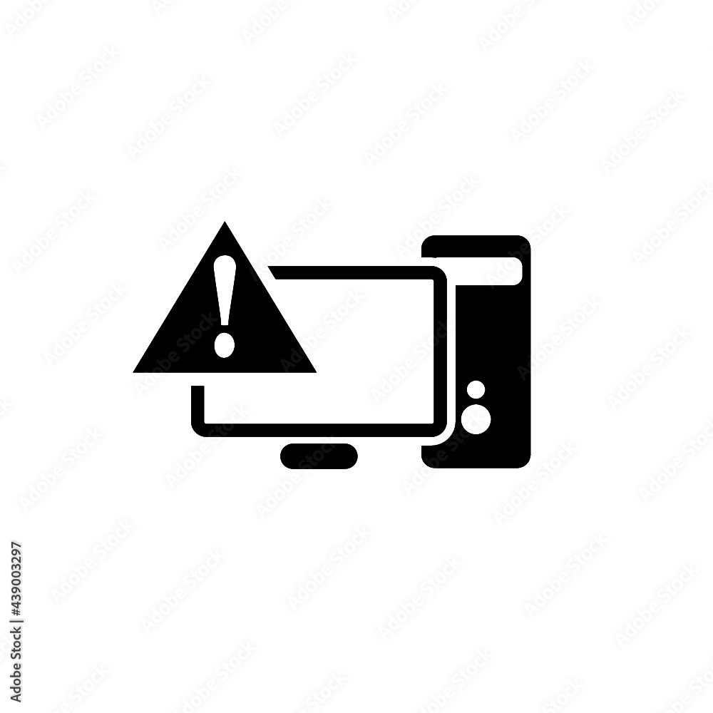 Poster computer alert. pc monitor and exclamation mark icon isolated on white background