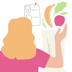 Standing back woman cook apple banana salad smoothies in blender using check list for self care. Vegan healing homemade vitamin shake simple flat multicolor illustration