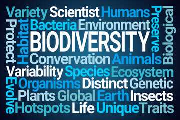 Biodiversity Word Cloud on Blue Background