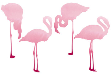 Pink flamingo silhouettes in watercolors. Clip art pack on white background