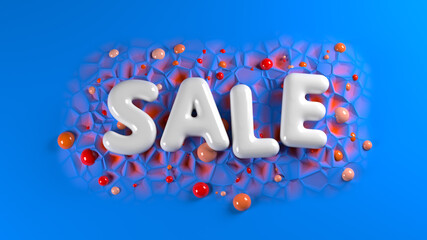 sale bright white glossy letters on a blue abstract background with spheres around. 3d illustration