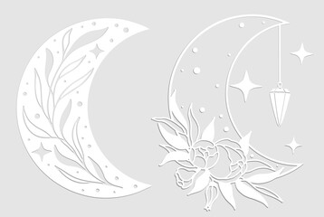 Set of magic white moons with stars and flowers on gray background.