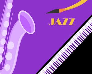Saxophone and piano composition. Vector illustration. The concept of creating a cover, poster, banner, invitation. All design elements without cropping.