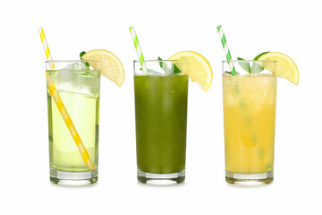 Group of summer iced green teas in glasses with paper straws isolated on a white background. Iced green tea, iced matcha lemonade and iced green tea lemonade. - obrazy, fototapety, plakaty