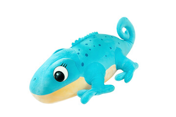 Blue chameleon soft toy close up isolated on white background.