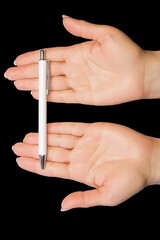Mock up pen in woman hands. Basis design isolated