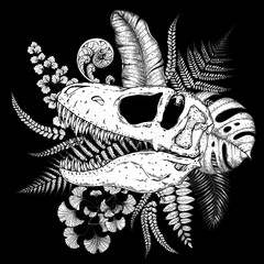 Tyrannosaurus rex and palm leaves hand drawn illustration. Tattoo vintage print. Hand drawn floral print. Tattoo design. Jungle print. Tropical illustration. © vidimages