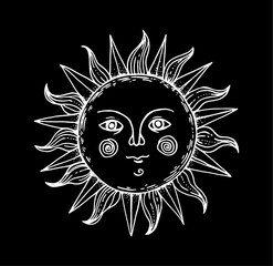 Mystical sun illustration. Hand drawn sketch. Amon ra god. Pagan symbol. Vector illustration.