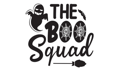 the boo squad, Graphic display alphabet, Fantasy type letters, Latin characters, numbers, Vector illustration, Old badge, label, logo template, Halloween invitation and greeting