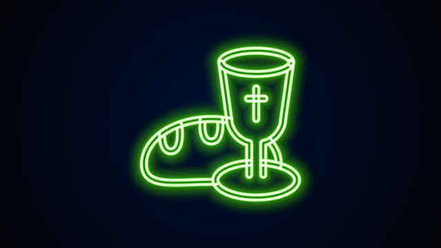 Glowing neon line Goblet and bread icon isolated on black background. Bread and wine cup. Holy communion sign. 4K Video motion graphic animation