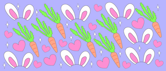 Print colorful nature pattern design. Vector bunny ear carrot heart summer illustration. Collection of cartoon hand drawn shapes, modern style. wall decoration, postcard, brochure cover design sketch.