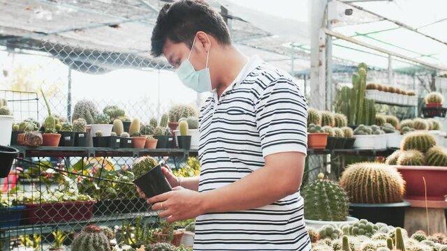 An asian man picks up a cactus in a pot at a plant shop where other people are in the background along with shelves of plants. The light is bright.
