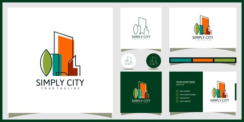 building logo with line art concept. city building abstract for logo inspiration. business card design Premium Vector