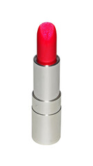 Open red lipstick silver tube isolated