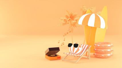 3D illustration of Summer music player on beach. 3d rendering.