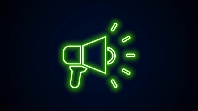Glowing neon line Megaphone icon isolated on black background. Speaker sign. 4K Video motion graphic animation