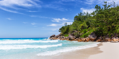 Fototapeta na wymiar Seychelles Anse Georgette beach on Praslin island palm panorama panoramic view vacation sea