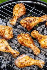 Grilled Food on Charcoal BBQ. Summer Picnic in Backyard Garden