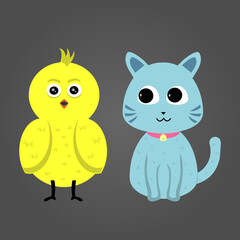 cute cat and chicken illustration set