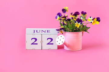 Calendar for June 22 : the name of the month of June in English, cubes with the number 22, a bouquet of violets in a pink watering can on a pink background, side view