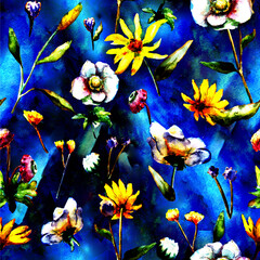 Watercolor painting. Colorful flowers on blue background. Seamless floral pattern. 