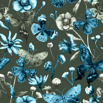 Watercolor Painting. Monochrome Flowers On A Muted Background. Seamless Floral Pattern. 