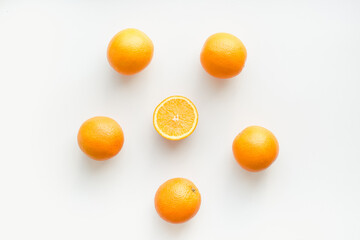 Orange fruit with cut in half isolated on white background, oranges on a white background, background with oranges, cut oranges 