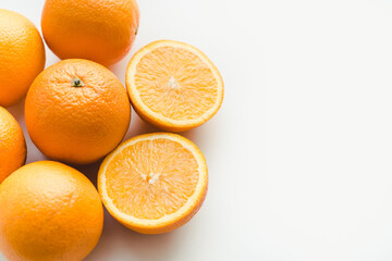 Orange fruit with cut in half isolated on white background, oranges on a white background, background with oranges, cut oranges 