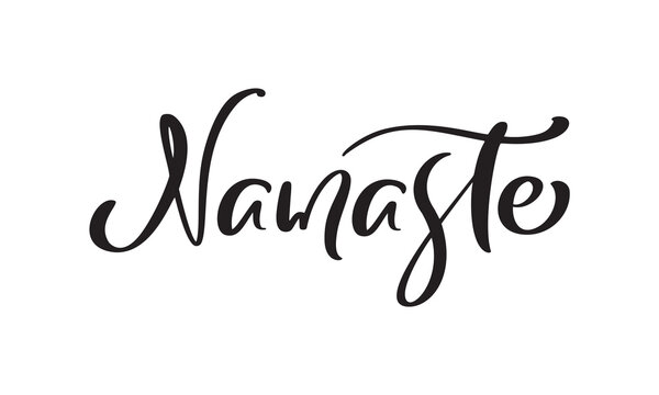 Text Namaste logo. Vector yoga illustration with lettering meditation theme. Hand written isolated on white background. Modern calligraphy