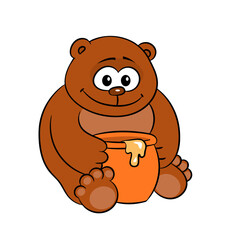 Funny bear with a pot of honey on a white background. There is a smile on his face, sitting on the ground. Vector cartoon isolated illustration