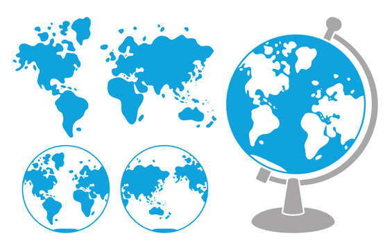 World map and globe isolated cartoon flat icons
