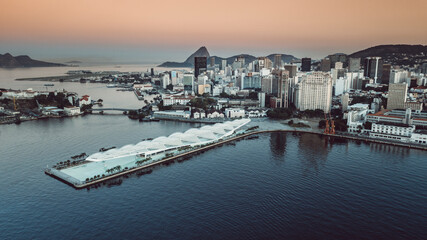 Rio de Janeiro, rio, Brazil, brasil, museum, sunset, city center, downtown, aerial view, drone, exposition, museu do amanhã, guanabara, south america, travel, culture, museum, square, tomorrow, art, j