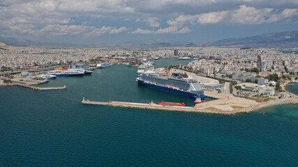 Aerial drone photo of famous port of Piraeus one of the largest in Europe, Attica, Greece