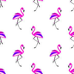 Pink flamingo on white background seamless pattern. Vector illustration