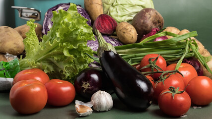 A variety of raw vegetables. Natural background. Gifts of nature.